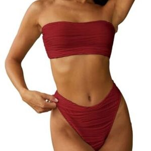 Chic Red Ruched Bandeau Bikini with ties, New, Hygienic Liner, Large